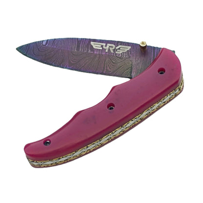 Ruddock Bros Damascus steel folding knife with acid wash blade  and sangria purple handle Ruddock El Paso Texas