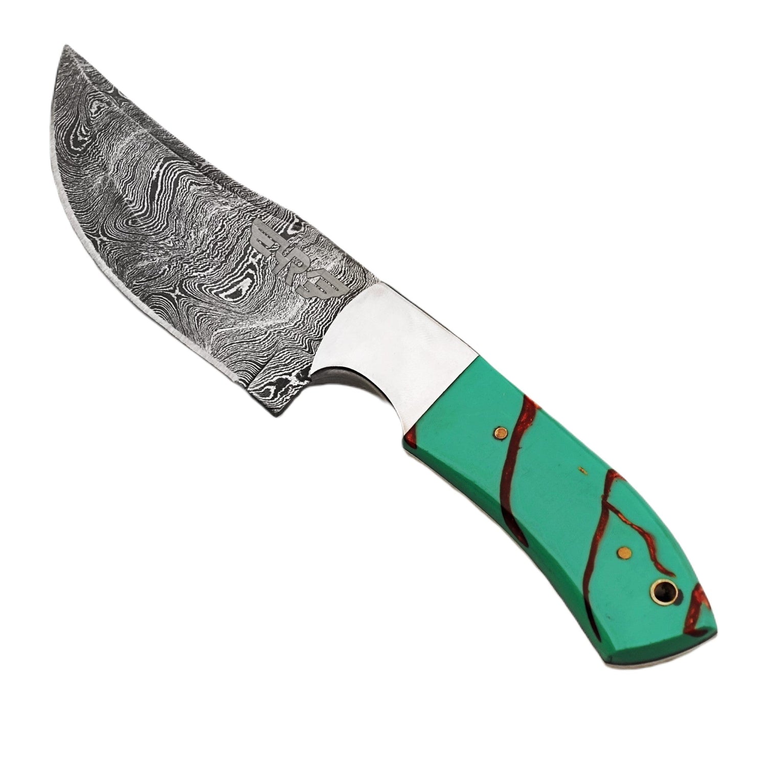 Damascus steel fixed blade knife with resin handle in turquoise with brown accents by Ruddock Bros El Paso TX 