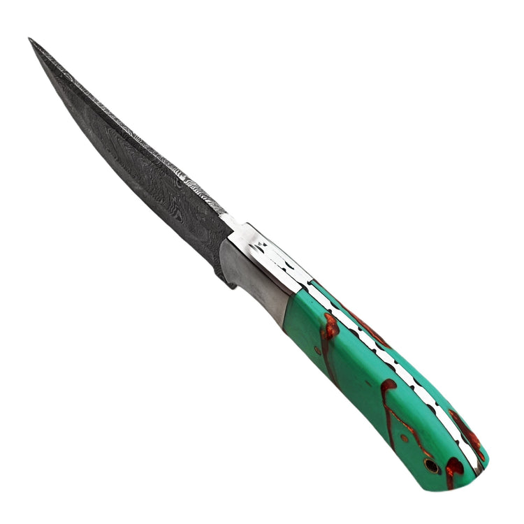 Damascus steel fixed blade knife with resin handle in turquoise with brown accents by Ruddock Bros El Paso TX 