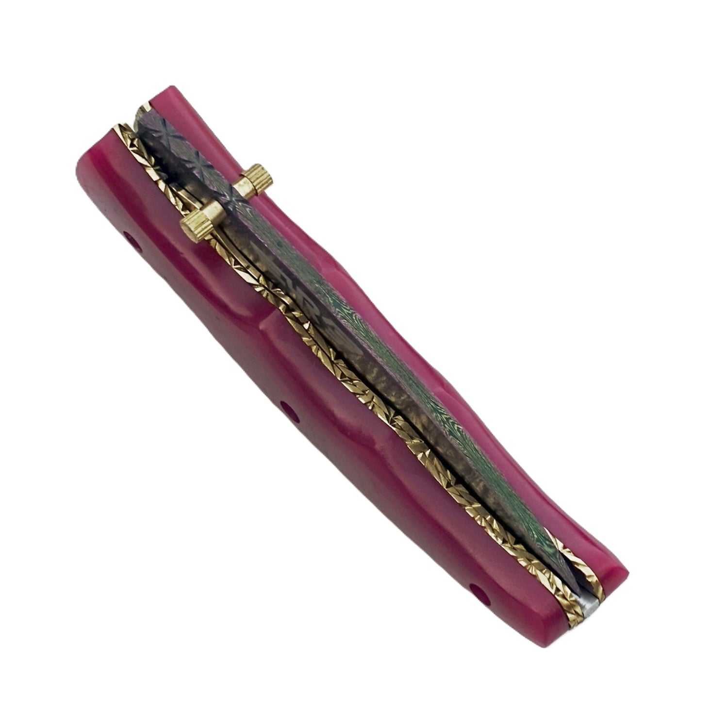 Ruddock Bros Damascus steel folding knife with acid wash blade  and sangria purple handle Ruddock El Paso Texas