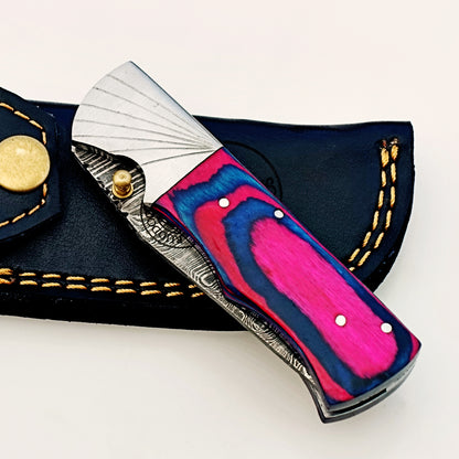 Pink Blue Folding Knife Damascus – Premium Sharp EDC Pocket Blade