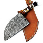 Serbian cleaver in Damascus steel with horn bone and wood handle by Ruddock Bros