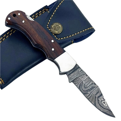 Walnut wood Folding Knife - Damascus Steel
