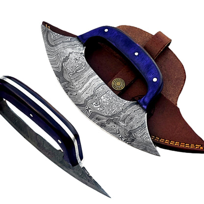Royal Blue Ulu Knife - Damascus Steel