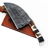 Serbian cleaver in Damascus steel with horn bone and wood handle by Ruddock Bros
