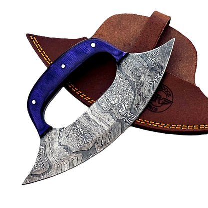 Royal Blue Ulu Knife - Damascus Steel