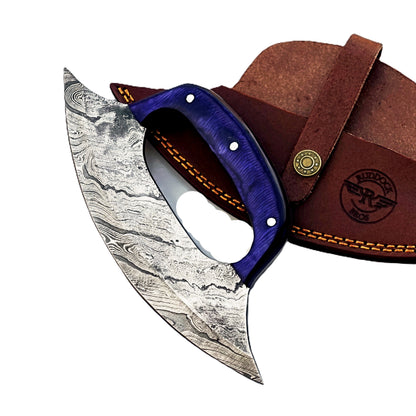 Royal Blue Ulu Knife - Damascus Steel