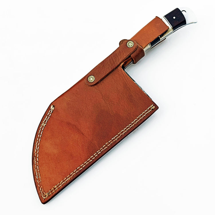 Serbian cleaver in Damascus steel with horn bone and wood handle by Ruddock Bros