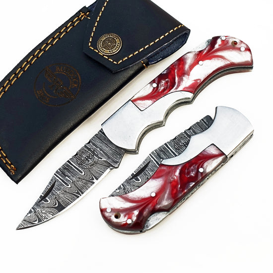 Strawberry Glaze Folding Knife - Damascus Steel