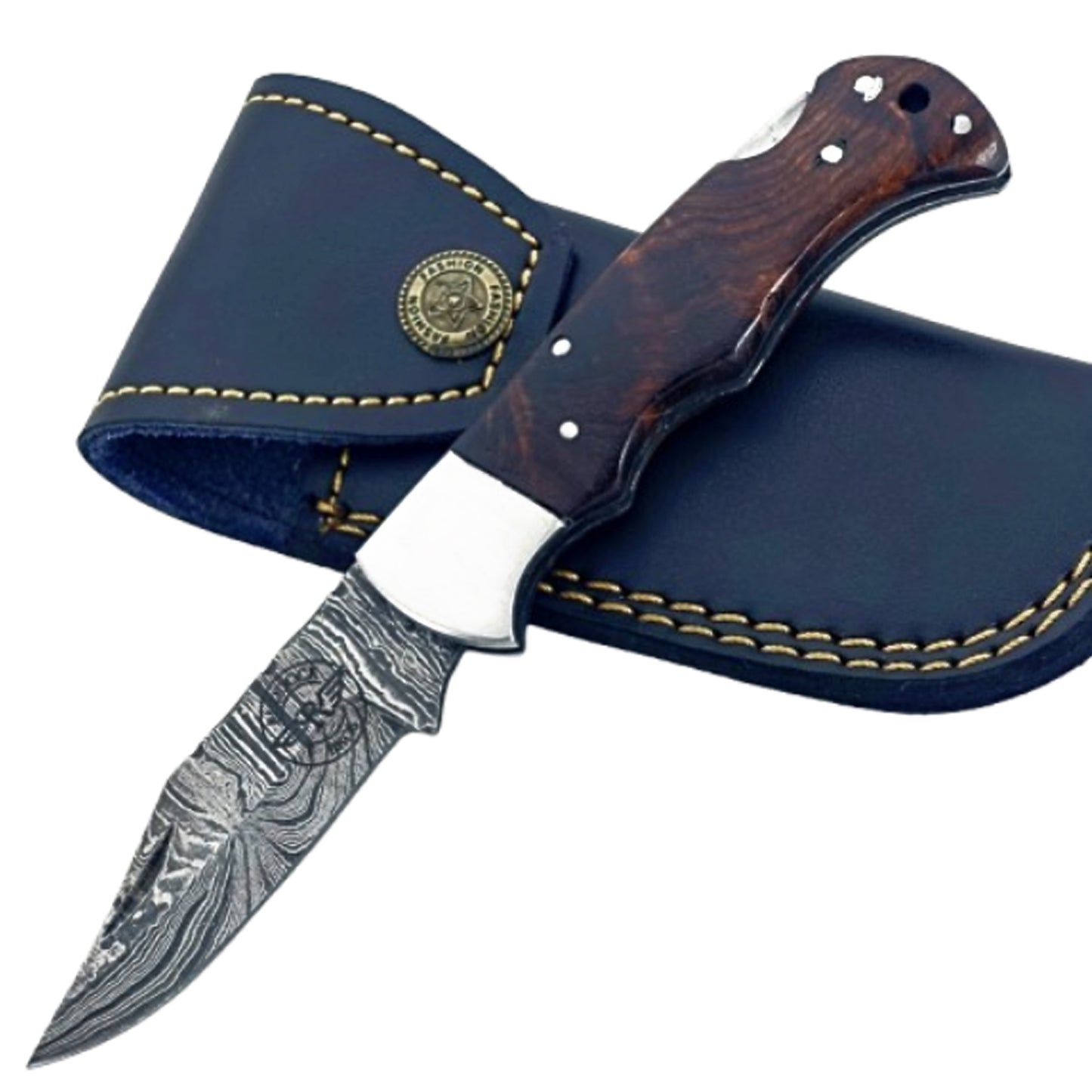 Walnut wood Folding Knife - Damascus Steel