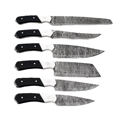 Damascus Steel 6 piece knife set with black and white resin handle with leather carry pouch by Ruddock Bros El Paso Texas USA Ruddock Shirt