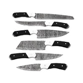 Damascus Steel 6 piece knife set with black and white resin handle with leather carry pouch by Ruddock Bros El Paso Texas USA Ruddock Shirt
