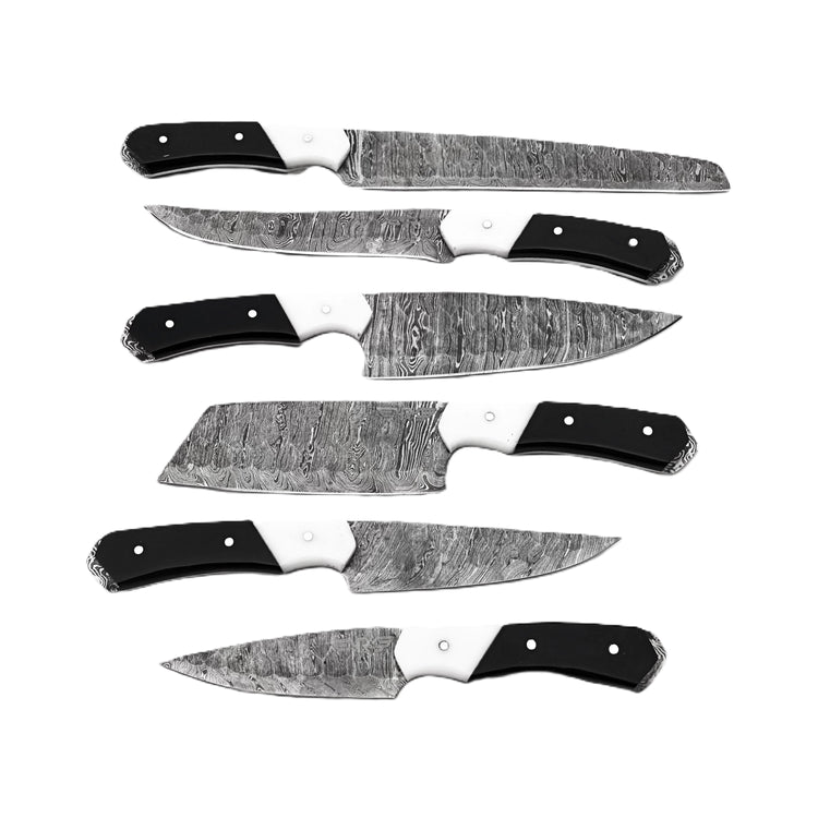Damascus Steel 6 piece knife set with black and white resin handle with leather carry pouch by Ruddock Bros El Paso Texas USA Ruddock Shirt