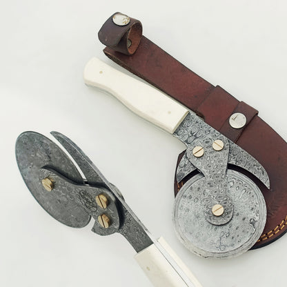 Ruddock Bros - Bone Pizza Cutter - The Slice - Damascus Steel & Bone