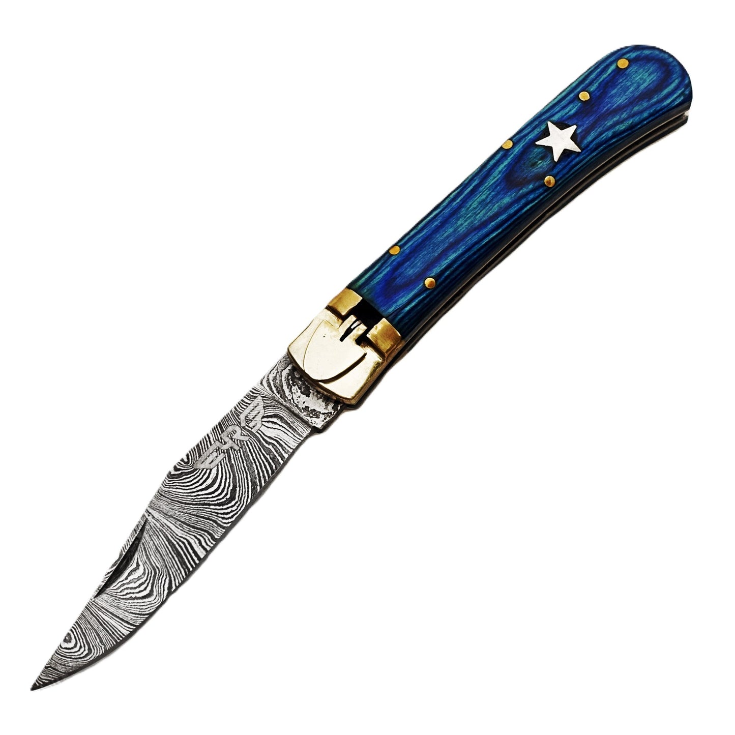 Ruddock Bros folding knife with blue hardwood handle and Damascus steel blade with spring assist includes leather sheath Ruddock El Paso Texas