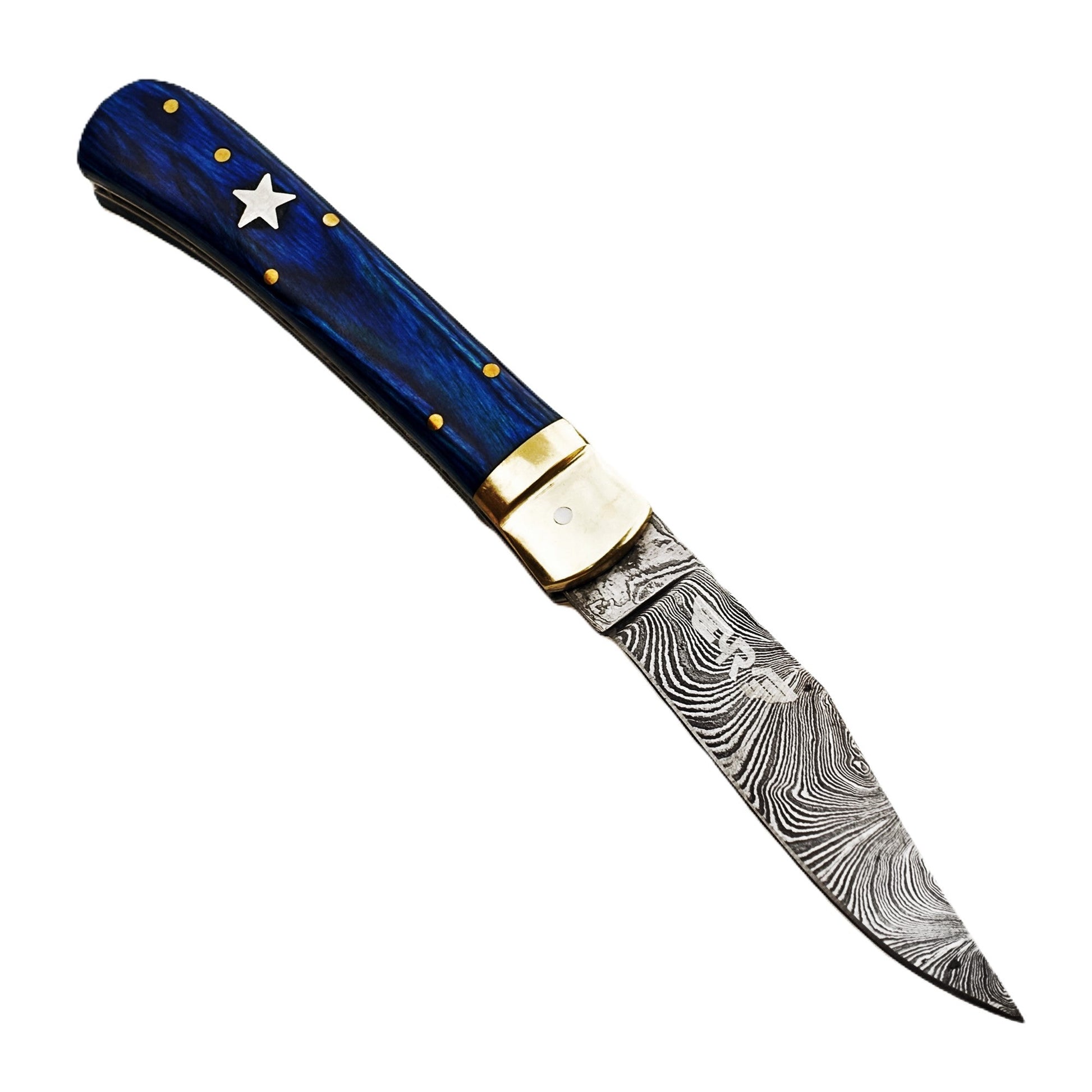 Ruddock Bros folding knife with blue hardwood handle and Damascus steel blade with spring assist includes leather sheath Ruddock El Paso Texas