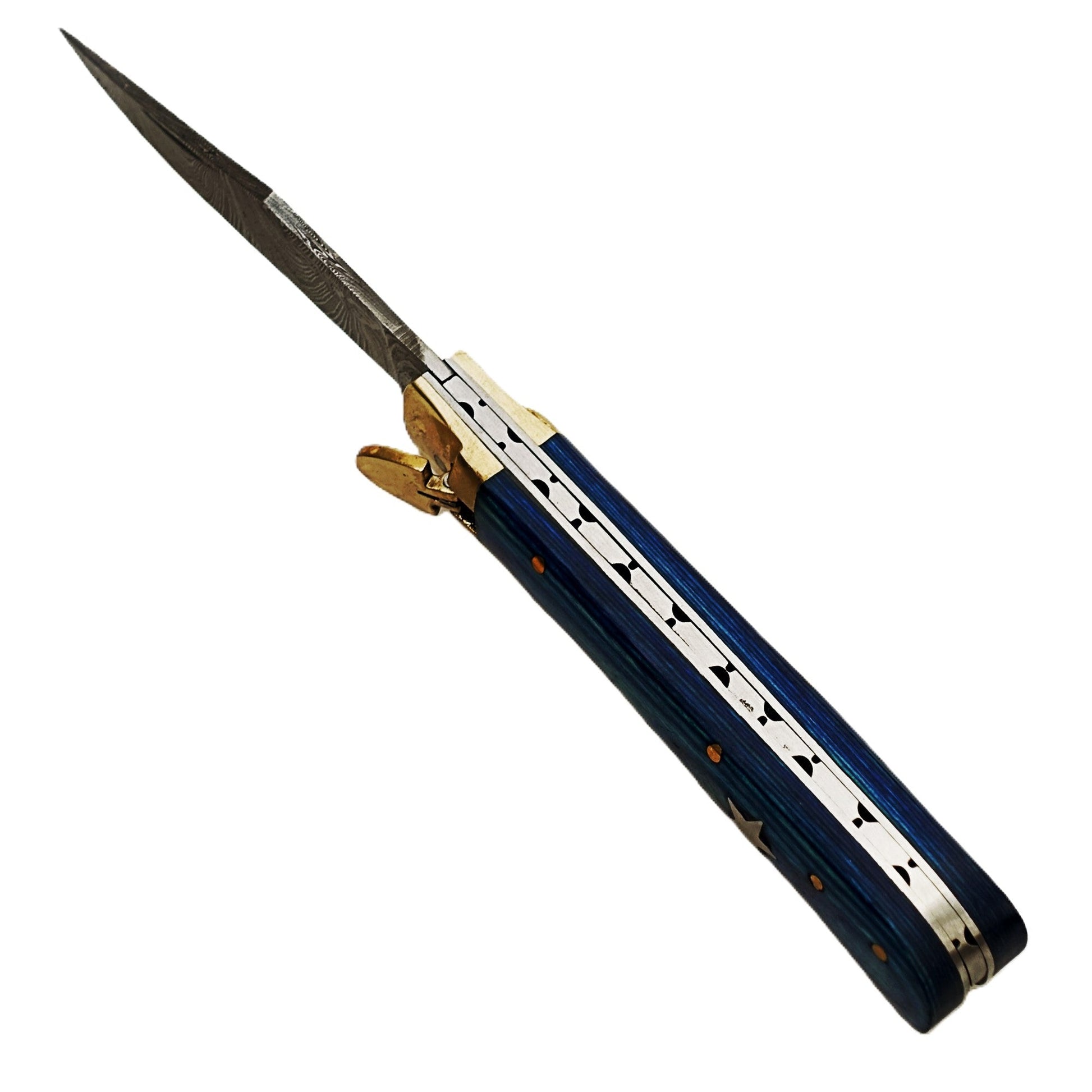 Ruddock Bros folding knife with blue hardwood handle and Damascus steel blade with spring assist includes leather sheath Ruddock El Paso Texas