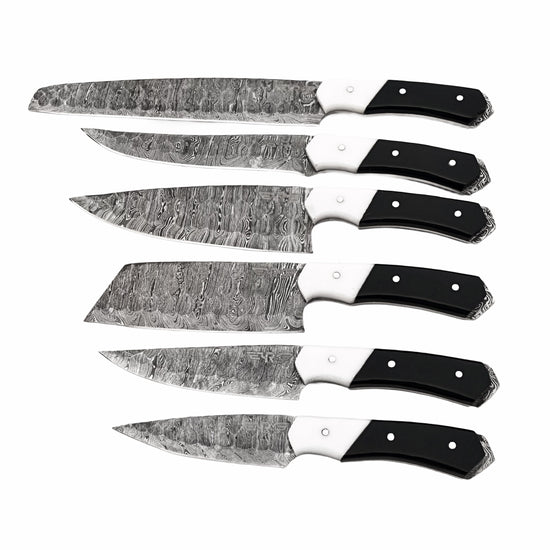 Damascus Steel 6 piece knife set with black and white resin handle with leather carry pouch by Ruddock Bros El Paso Texas USA Ruddock Shirt