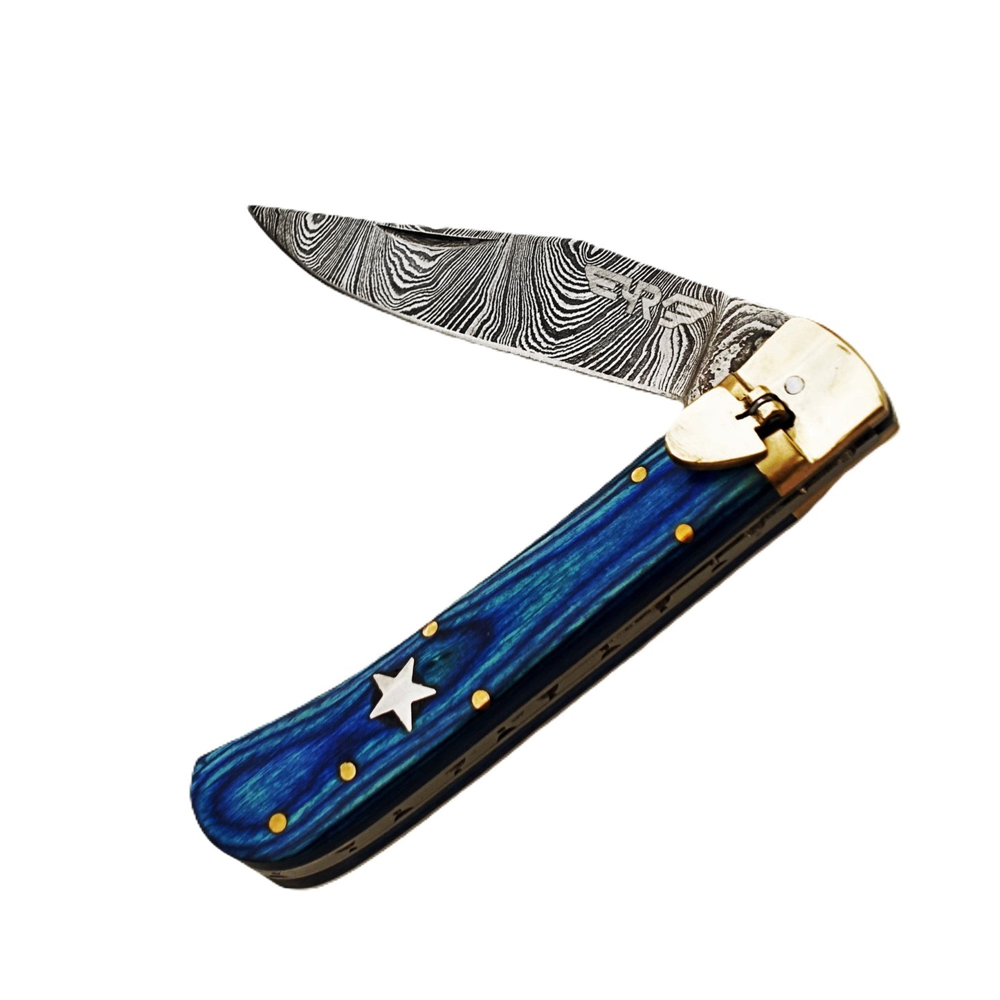 Ruddock Bros folding knife with blue hardwood handle and Damascus steel blade with spring assist includes leather sheath Ruddock El Paso Texas