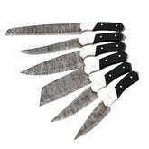 Damascus Steel 6 piece knife set with black and white resin handle with leather carry pouch by Ruddock Bros El Paso Texas USA Ruddock Shirt