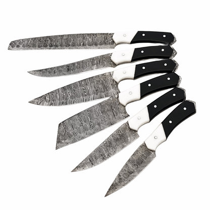 Damascus Steel 6 piece knife set with black and white resin handle with leather carry pouch by Ruddock Bros El Paso Texas USA Ruddock Shirt