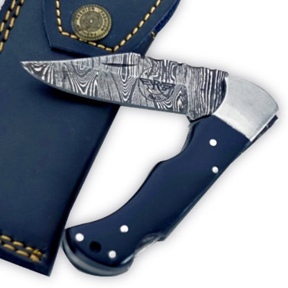 Buffalo Horn Folding Knife - Damascus Steel