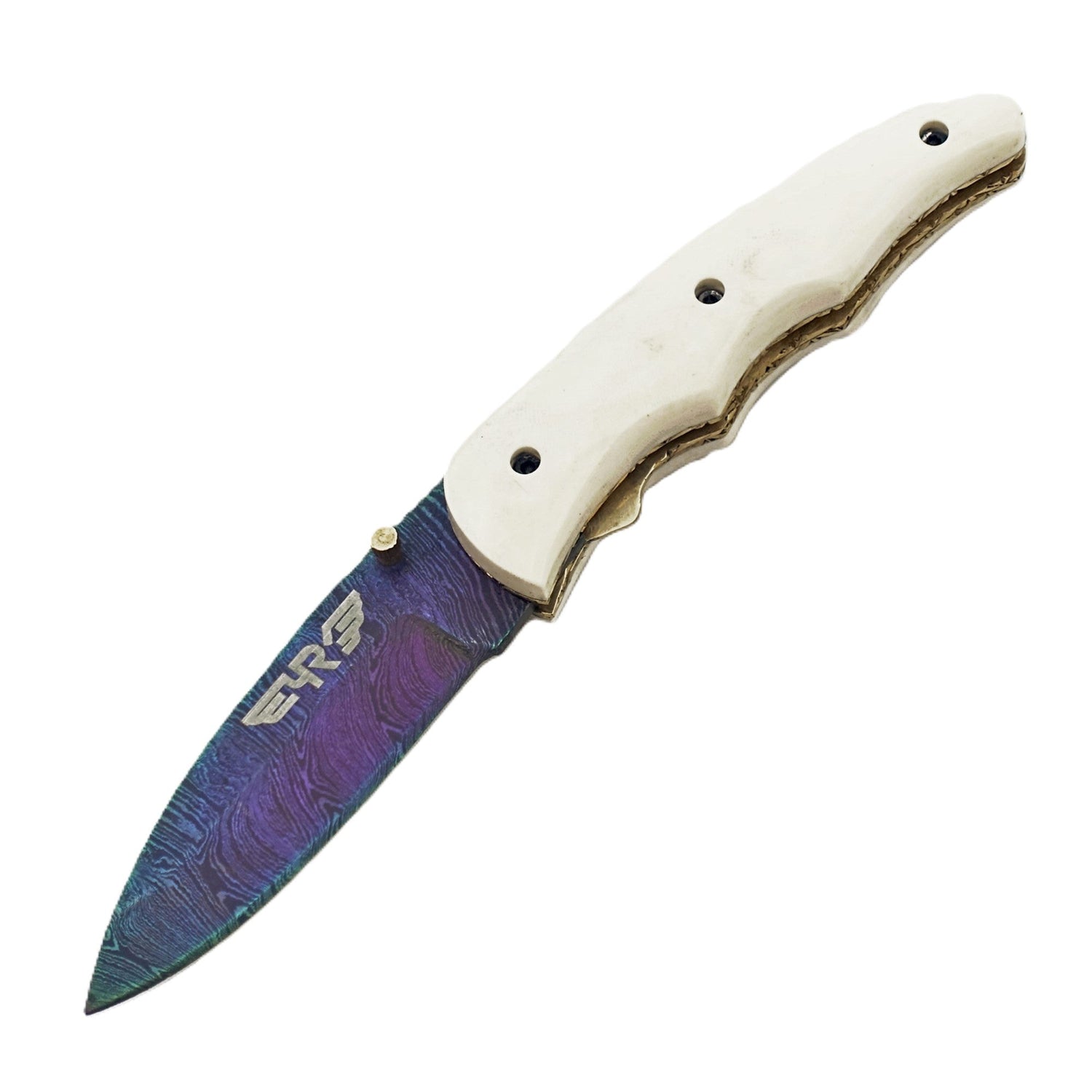 Ruddock Bros Damascus steel folding knife with acid wash blade  and ivory handle Ruddock El Paso Texas