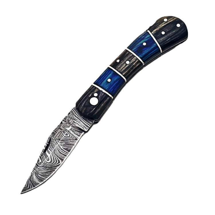 Ruddock Bros Folding Knife with leather sheath damascus steel and hardwood handle Ruddock El Paso Texas USA
