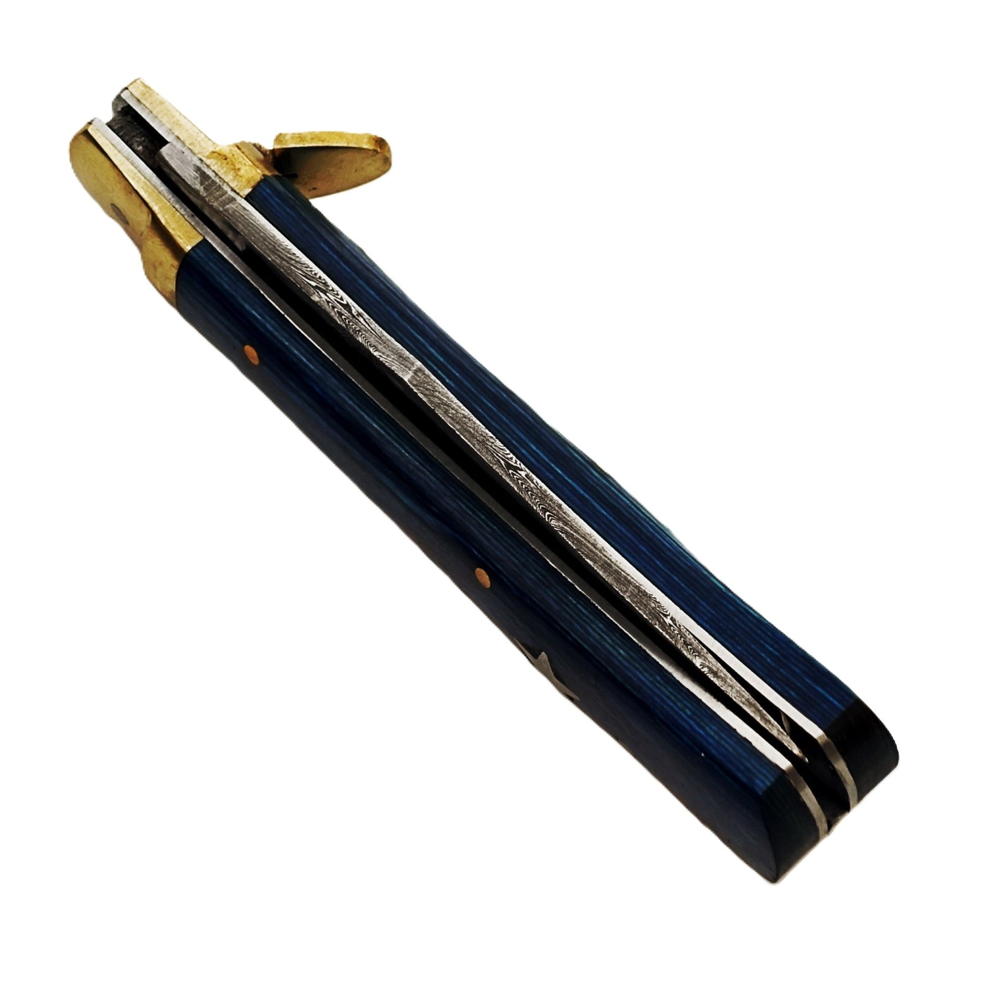 Ruddock Bros folding knife with blue hardwood handle and Damascus steel blade with spring assist includes leather sheath Ruddock El Paso Texas