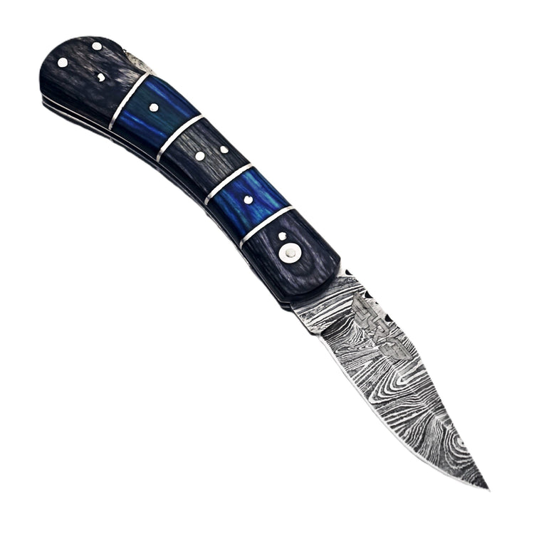 Ruddock Bros Folding Knife with leather sheath damascus steel and hardwood handle Ruddock El Paso Texas USA