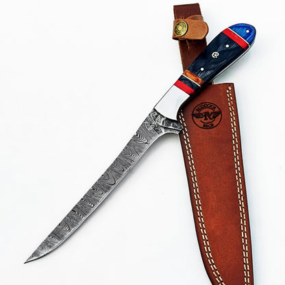 Damascus steel fillet knife by Ruddock Bros with hardwood handle