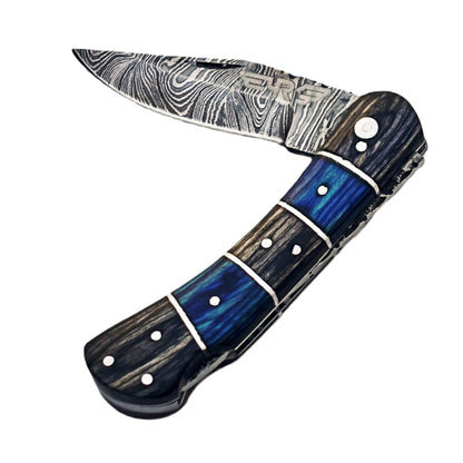 Ruddock Bros Folding Knife with leather sheath damascus steel and hardwood handle Ruddock El Paso Texas USA