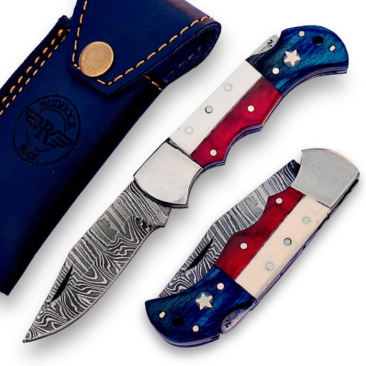 The Texas Folding Pocket Knife Damascus Steel Blade