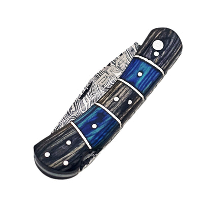 Ruddock Bros Folding Knife with leather sheath damascus steel and hardwood handle Ruddock El Paso Texas USA