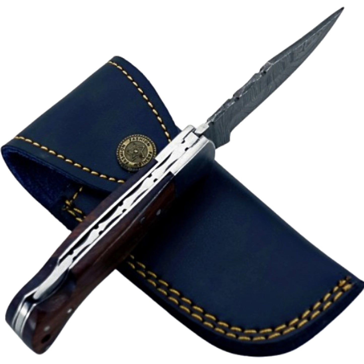 Walnut wood Folding Knife - Damascus Steel