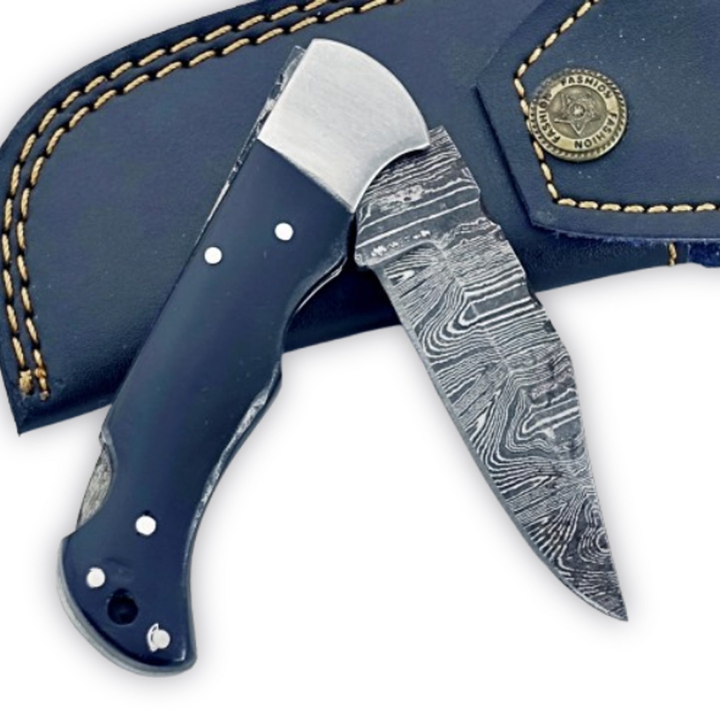 Buffalo Horn Folding Knife - Damascus Steel