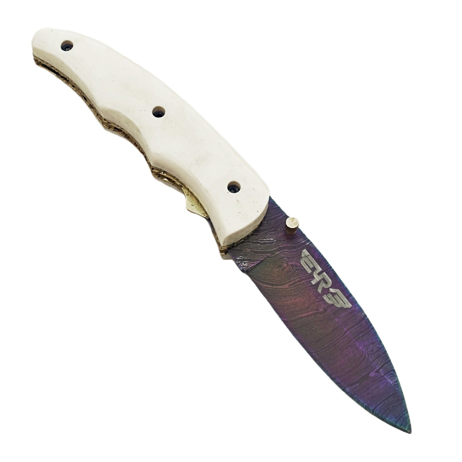 Ruddock Bros Damascus steel folding knife with acid wash blade  and ivory handle Ruddock El Paso Texas