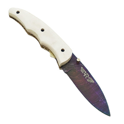 Ruddock Bros Damascus steel folding knife with acid wash blade  and ivory handle Ruddock El Paso Texas