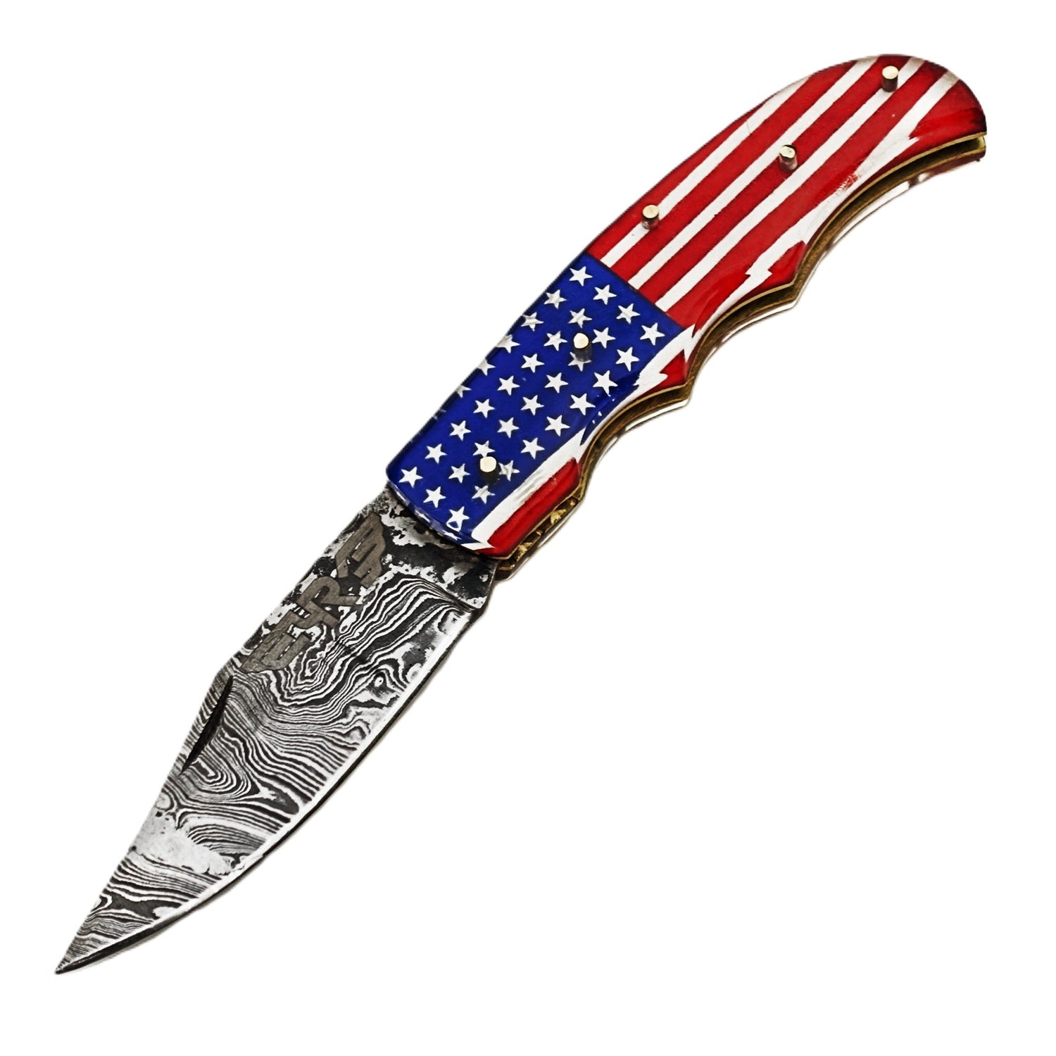Ruddock Bros folding knife with plastic resin handle in American Flag pattern and Damascus steel blade with leather sheath Ruddock El Paso Texas