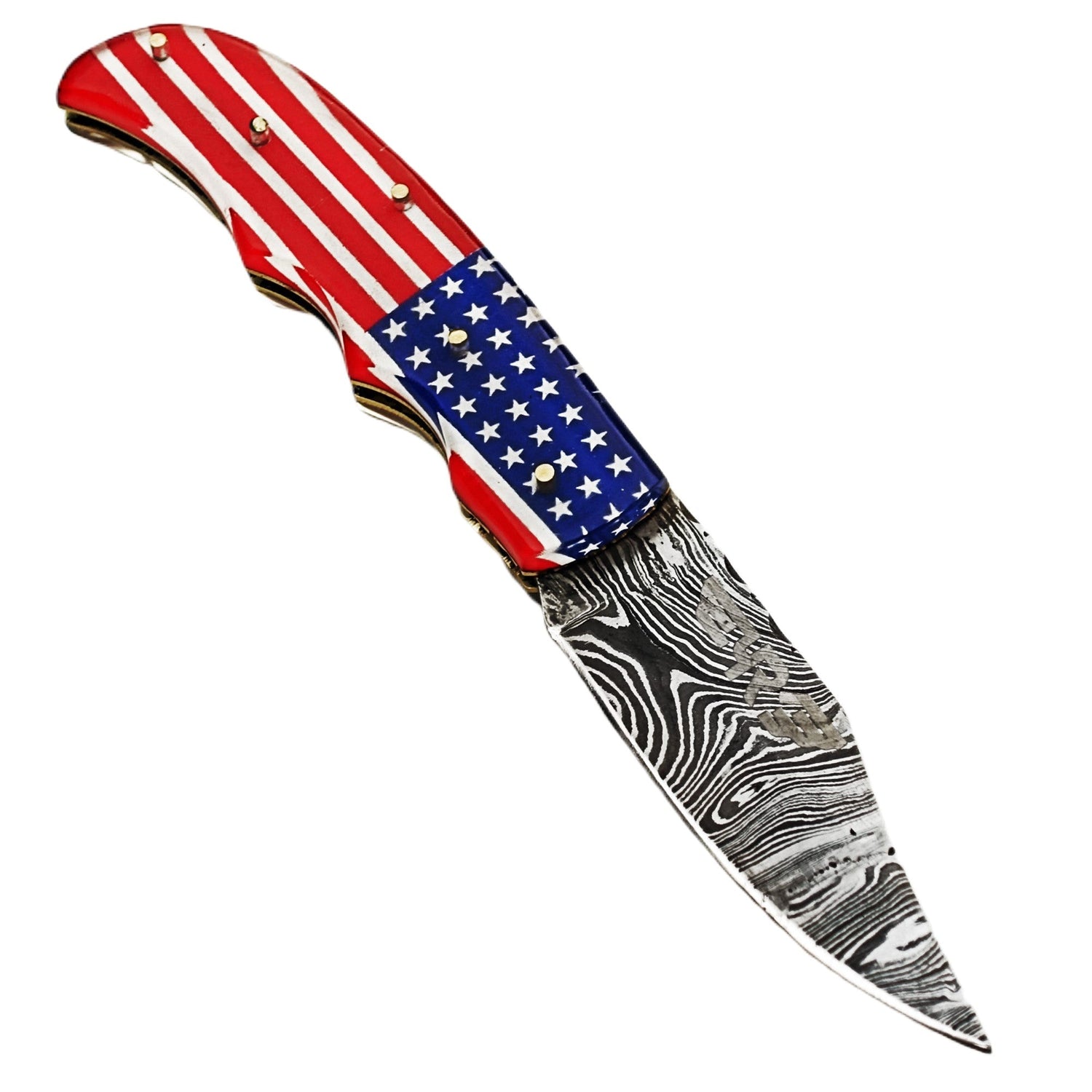 Ruddock Bros folding knife with plastic resin handle in American Flag pattern and Damascus steel blade with leather sheath Ruddock El Paso Texas