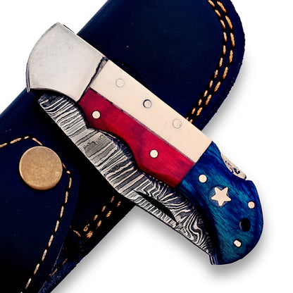 The Texas Folding Pocket Knife Damascus Steel Blade