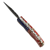 Ruddock Bros folding knife with plastic resin handle in American Flag pattern and Damascus steel blade with leather sheath Ruddock El Paso Texas