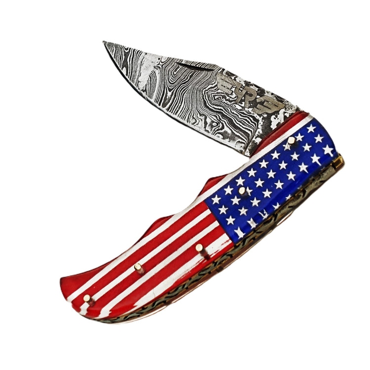 Ruddock Bros folding knife with plastic resin handle in American Flag pattern and Damascus steel blade with leather sheath Ruddock El Paso Texas