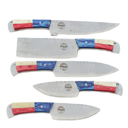 Ruddock Bros five piece grilling knife set with hammered stainless steel blades with natural bone and hardwood handles in red white and blue includes suede leather carry pouch Ruddock El Paso Texas