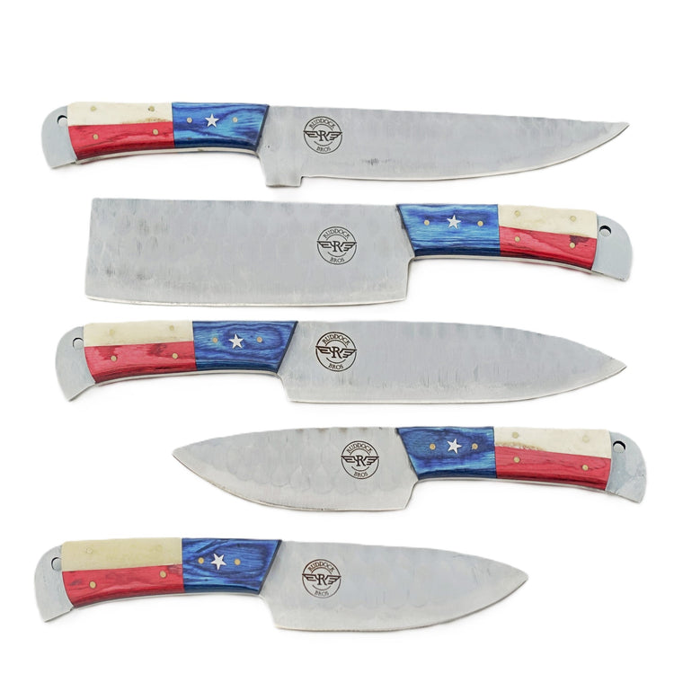 Ruddock Bros five piece grilling knife set with hammered stainless steel blades with natural bone and hardwood handles in red white and blue includes suede leather carry pouch Ruddock El Paso Texas