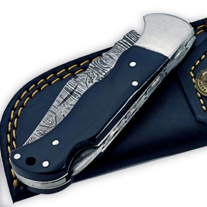 Buffalo Horn Folding Knife - Damascus Steel