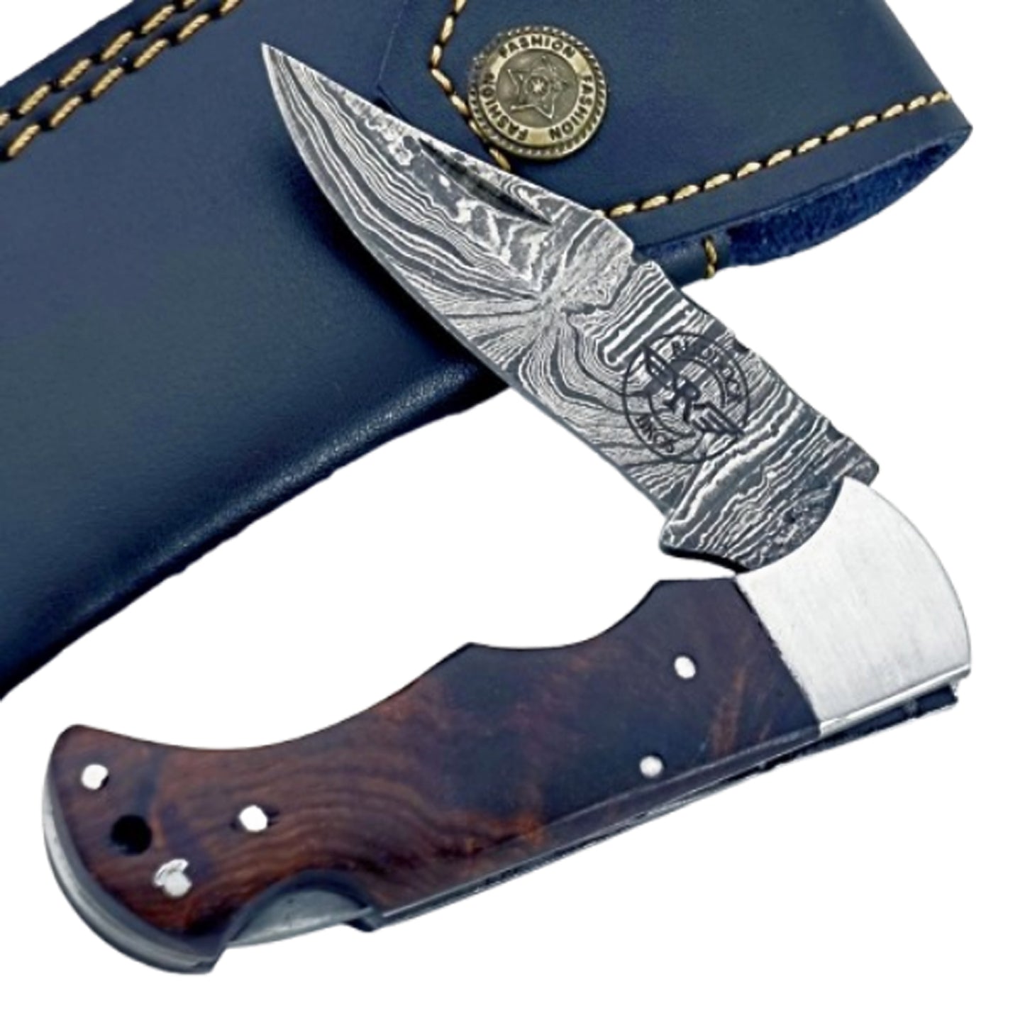 Walnut wood Folding Knife - Damascus Steel