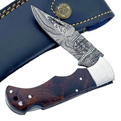 Walnut wood Folding Knife - Damascus Steel