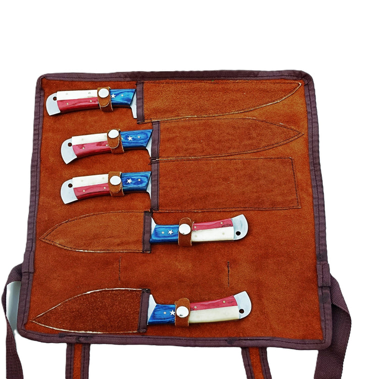 Ruddock Bros five piece grilling knife set with hammered stainless steel blades with natural bone and hardwood handles in red white and blue includes suede leather carry pouch Ruddock El Paso Texas
