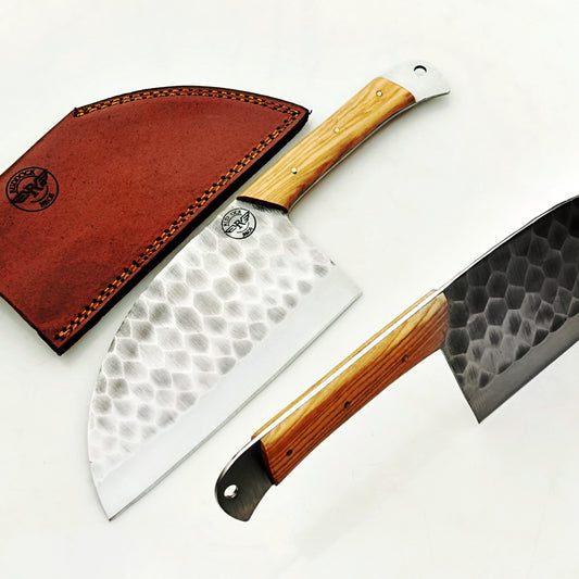Olivewood Serbian Cleaver - Damascus Steel